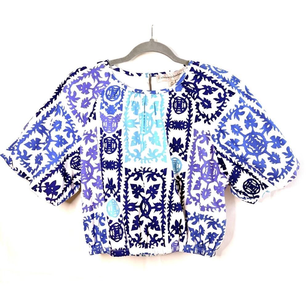 Catherine Malandrino Women’s Top Small Puff Sleeves Cropped Blouse Cotton Blend
